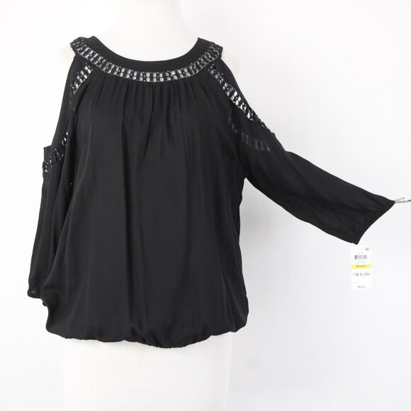 INC Top $70 Sz M Black Cold Shoulder Eyelets 100% Rayon Cotton Top - Picture 5 of 16